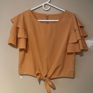 Mustard Yellow Blouse with Tie and Ruffles Sleeves